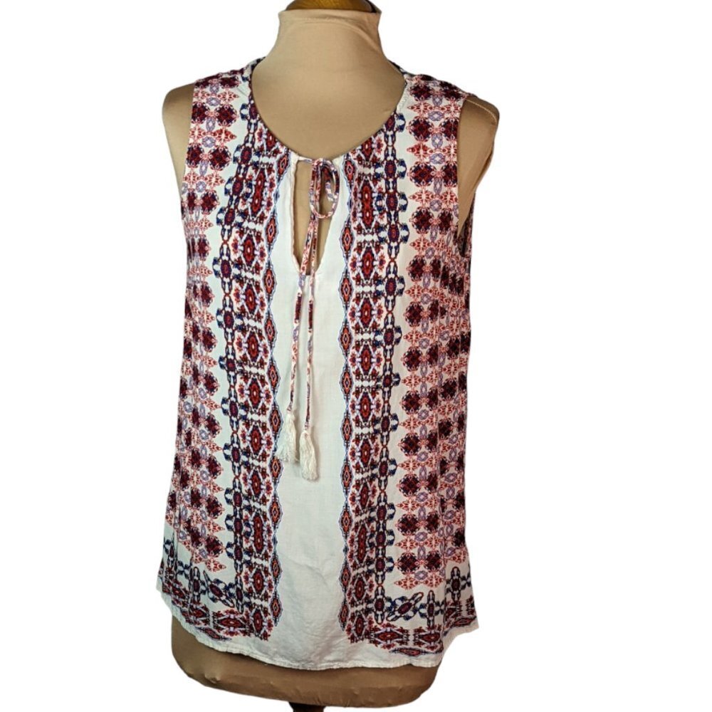 ARTISAN NY  Keyhole Tassel Tie Neckline Sleeveless Boho Print Rayon Top